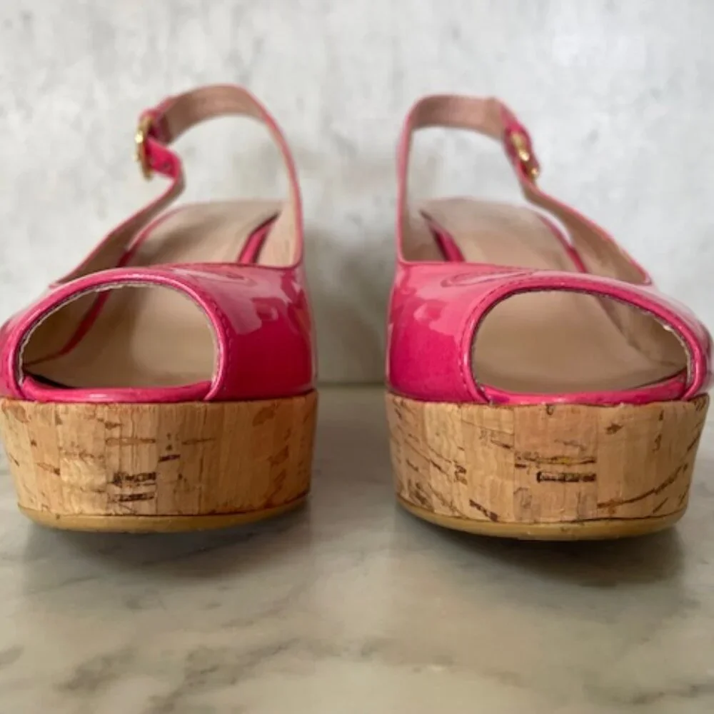 STUART WEITZMAN Jenny Fuchsia Peep Toe Sling Back Cork Wedge 6M